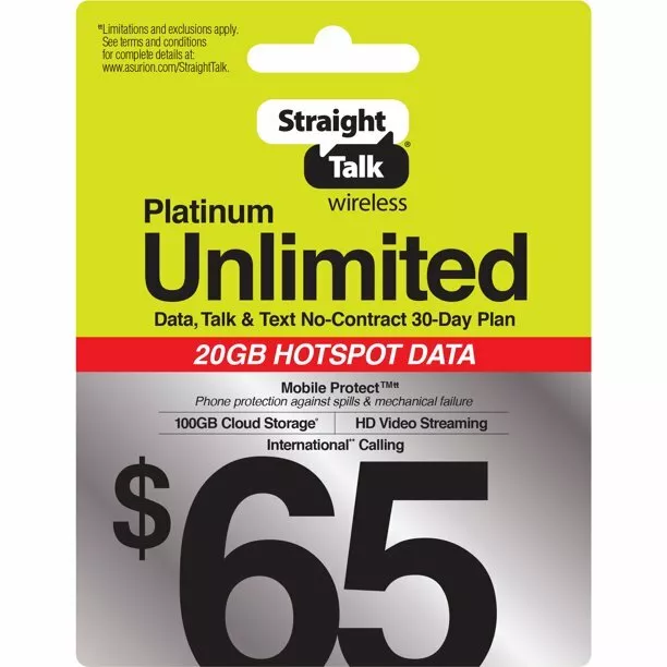 Straight Talk Rob 65 Refill Card Unlimited Talk Plan Platinum 30 Day $65 Top Up