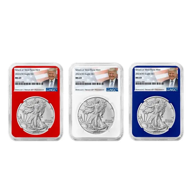 2024 (W) $1 American Silver Eagle 3pc Set NGC MS69 Trump Label Red White Blue