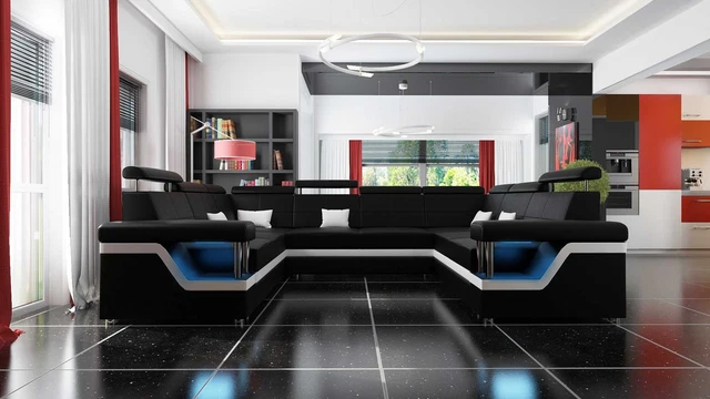 Sofá de cuero con USB Big XXL sofá esquina paisaje residencial sofá acolchado asiento LED