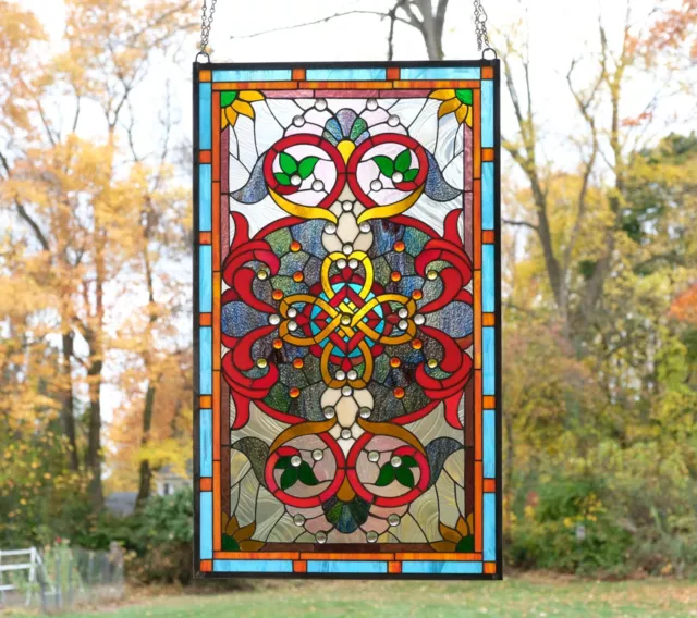 20.5"W x 34.75"H Handcrafted Jeweled stained glass window panel.