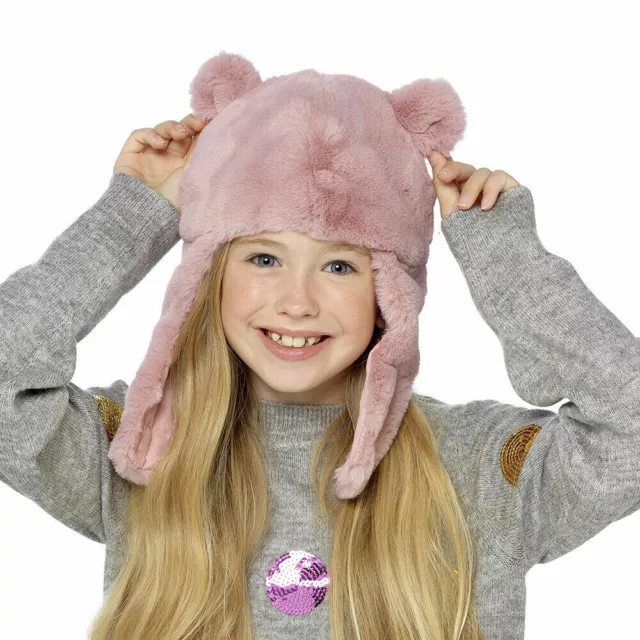 Girls Pink Faux Fur Hat with Ears and Chin Strap Ages 3-5 and 6-8