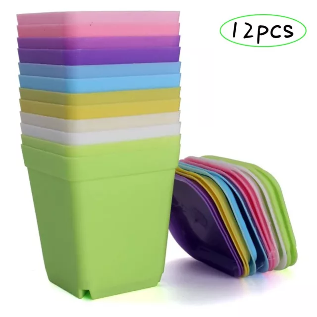 Colorful Plastic Plant Pots Set with Drainage Trays 12 PCS Mini Square Planters