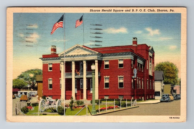 Sharon PA-Pennsylvania, Herald Square And B.P.O.E. Club, Vintage c1943 Postcard