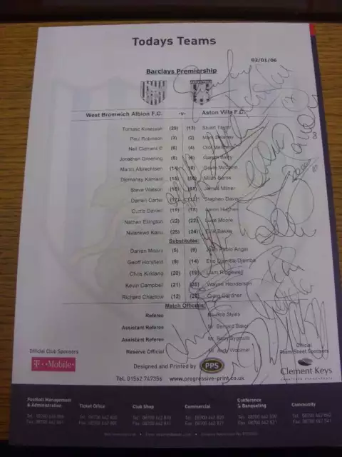 02/01/2006 Autographed Colour Teamsheet: West Bromwich Albion v Aston Villa, sig