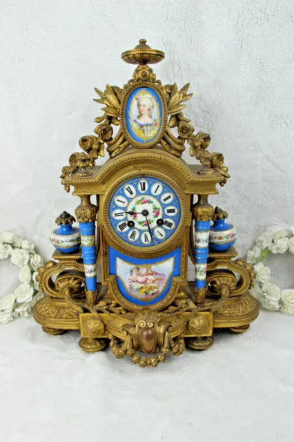 Antique XL 19thc Napoleon III sevres porcelain plaques putti marquise Clock rare 2