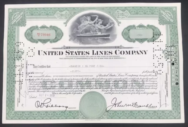 VTG 1959 United States Lines Company Green Stock Certificate 50 Shares