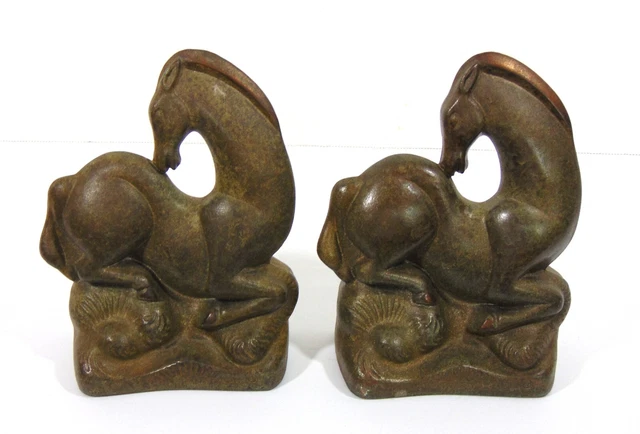 Vintage Pair of Cast Iron Art Nouveau Horse Metal Bookends 5ʺW × 2.5ʺD × 6ʺH
