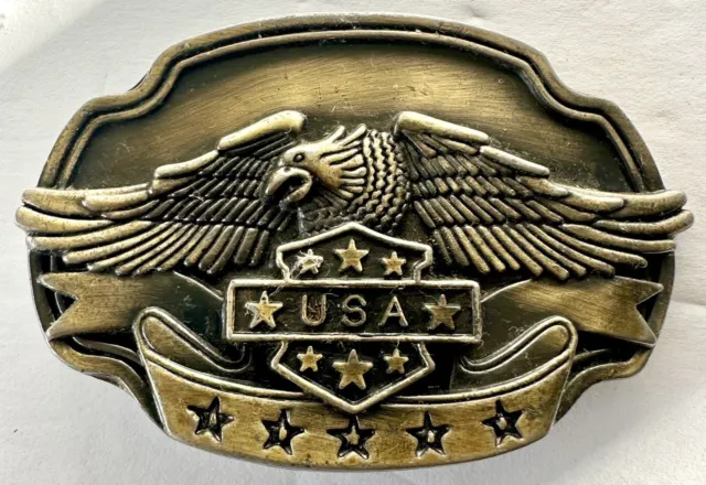 Vintage American Eagle USA Stars Engraved Solid Brass Belt Buckle