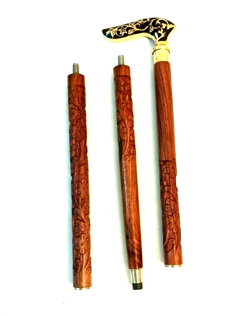 Bâton De Marche Vintage En Bois Avec Poignée En Laiton Doré - Réglable, Pliable - Cadeau Élégant