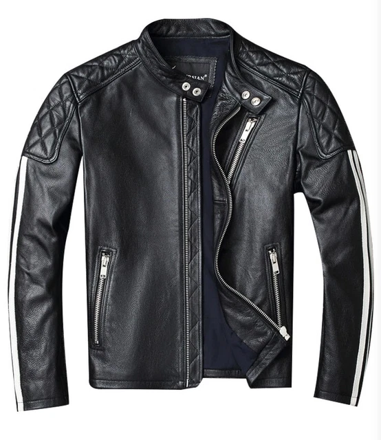 Men's Biker Long Striped Motorcycle Quilted Black Cowhide Leather Jacket-