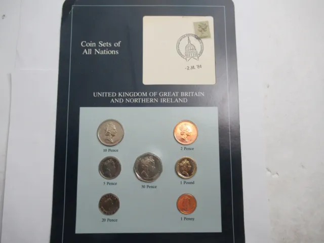 Coins of All Nations Series, GB 7 Coin Unc. Set, mix dates 1984 1st Day Stamp
