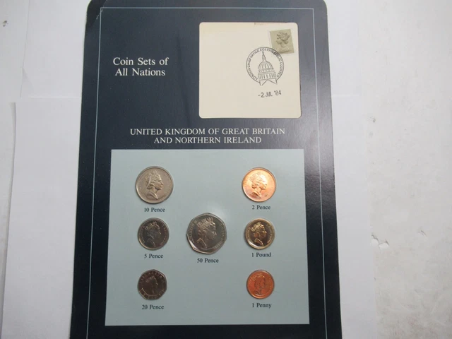 Coins of All Nations Series, GB 7 Coin Unc. Set, mix dates 1984 1st Day Stamp