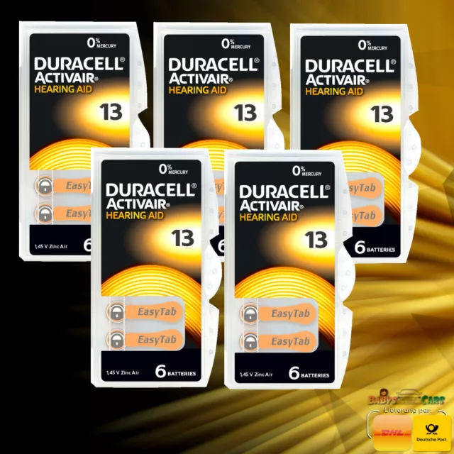 30 Batterien Duracell 13 Hörgerätbatterien Zinc Air, 1.45V Activair 6er Blister