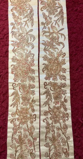 2 ANTIQUE 19th c QI'ING CHINESE EMBROIDERED SILK SLEEVE BANDS EMBROIDERY 110 cm