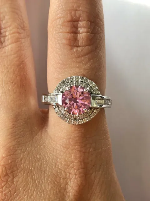 Classy 2 CT Round Lab Created Pink Sapphire 925 Silver Double Halo Ring Size 7