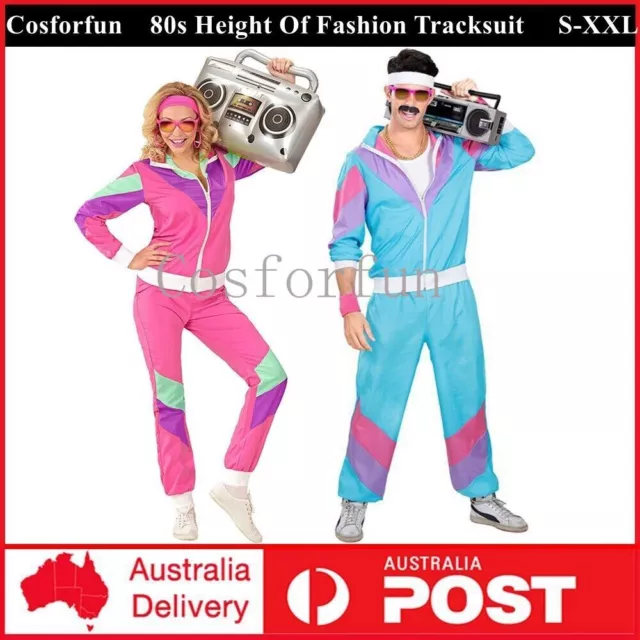 Womens Mens 80s Height Of Fashion Tracksuit 1980s Party Retro Disco Neon Costume