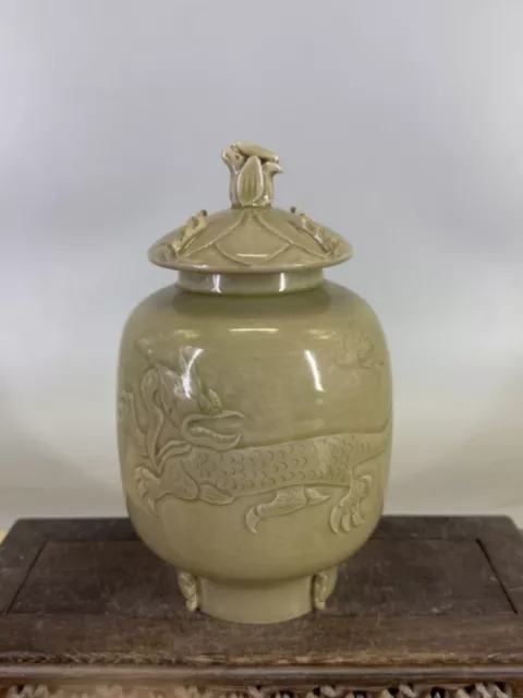 Chinese Porcelain Song Yue Kiln Celadon Glaze Dragon Pattern Tea Caddies 7.87"