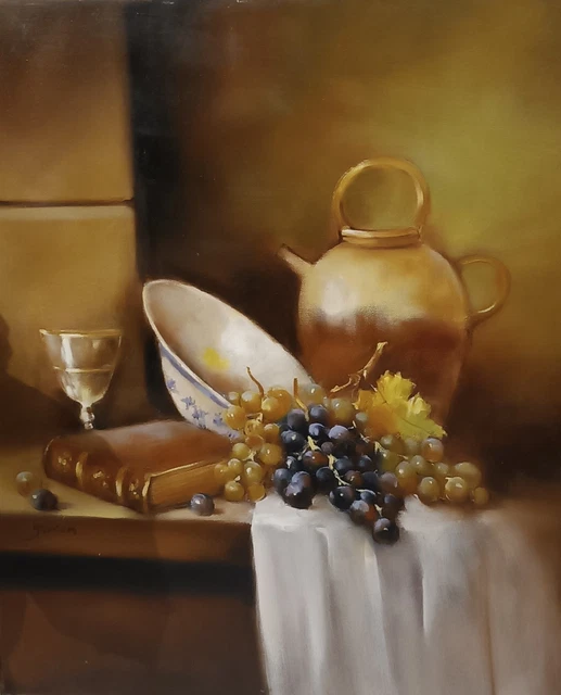 Huile Sur Toile Nature Morte - Cadre Bois Doré Signé - Bon état, Couleurs Vibrantes