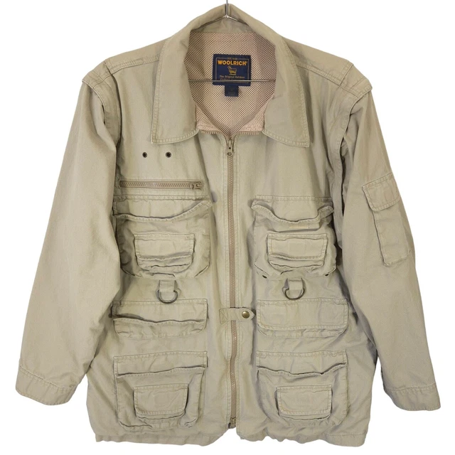 WOOLRICH FIELD JACKET Mens M Tan Outdoor Utility Cargo Pocket Canvas Full Zip 39.99 PicClick