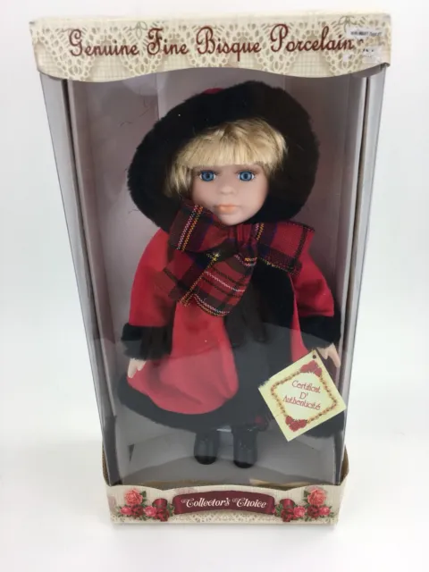 Collectors Choice Genuine Fine Bisque Porcelain Holiday Doll 12” Red Hooded