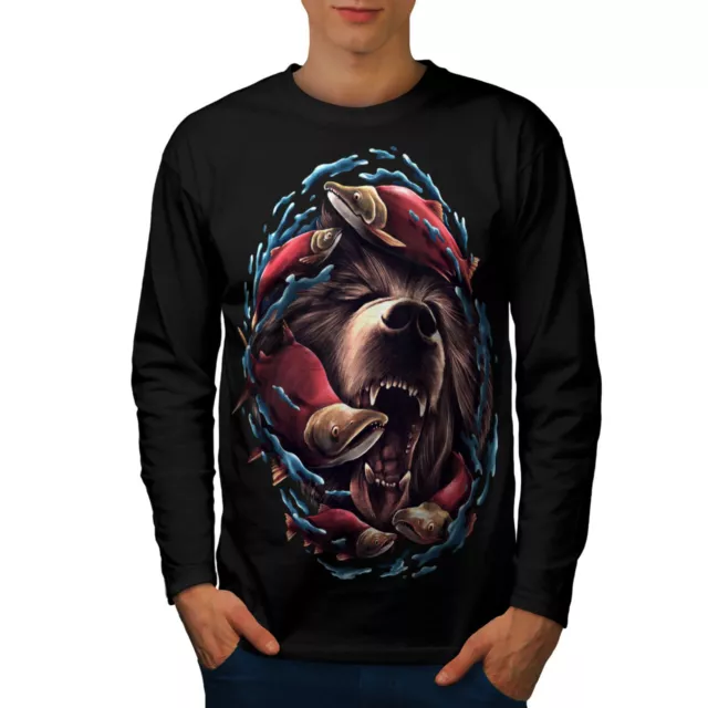 Wellcoda Bear Fish Wild Animal Mens Long Sleeve T-shirt,  Graphic Design