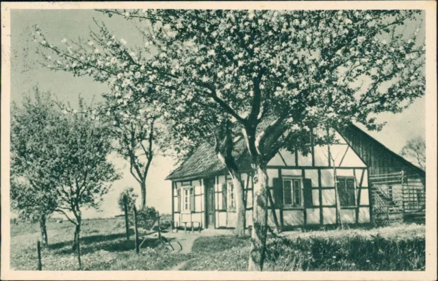 Ansichtskarte   Frühling Fachwerkhaus 1932  gel. Bahnpoststempel Hof Regensburg 2