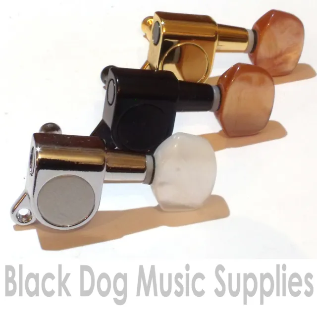 Set of guitar machine heads in chrome black or gold with white/marble pearl keys
