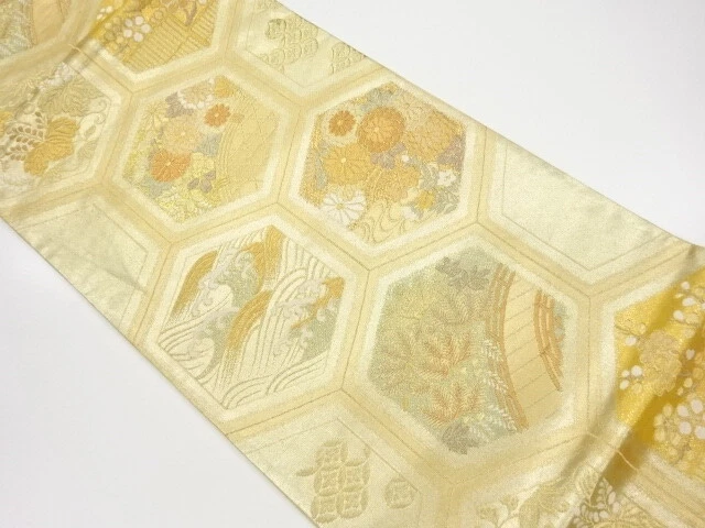 6354899: Japanese Kimono / Vintage Fukuro Obi / Woven Floral Plants & Rough Wave