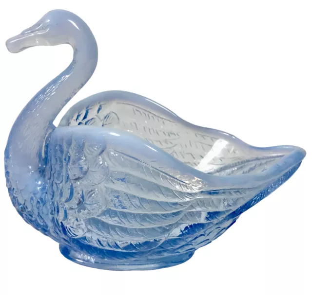 Glass Swan Bowl Opalescent Light Blue  Dish Figurine 5" Long