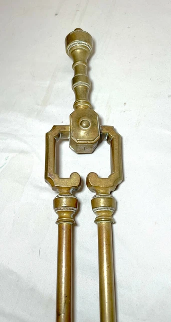 high quality antique 19th century heavy brass American fireplace tongs tool