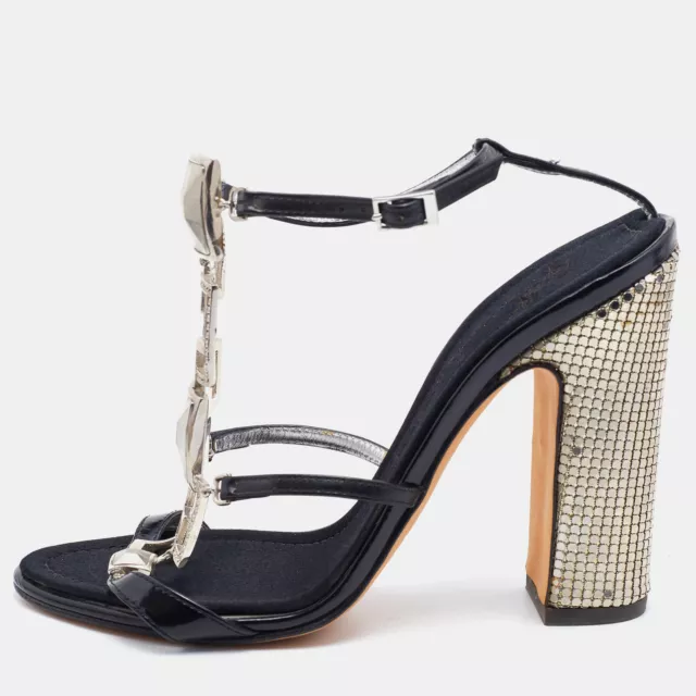 Giuseppe Zanotti Black Patent Leather Block Heel Ankle Strap Sandals Size 37