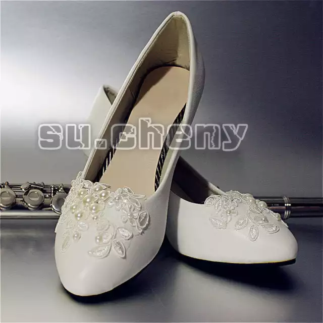 Su.cheny Pizzo Bianco Fiore Perle Basse Tacchi Pompe Scarpe da Sposa 5-13