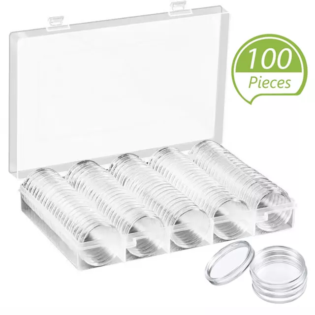 100Pcs 30mm Clear Round Cases Coin Capsules Storage Holder Box Display Container