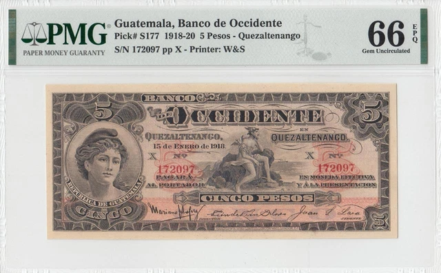 1918 Bank Of Guatemala 5 Pesos **X-Rare** (( Pmg 66 Epq ))