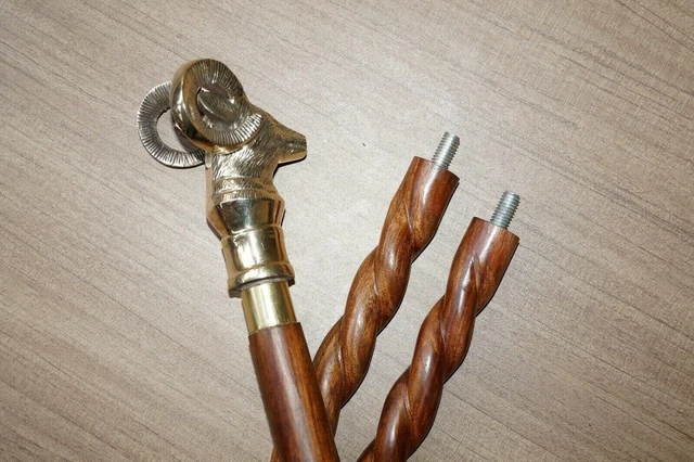 Vintage Brass Goat Style Handle With Brown Wooden Twist Walking Stick Cane Gift