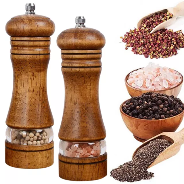 2PCS Wooden Bottle Premium Oak Salt and Pepper Grinder Shaker Mill UK②