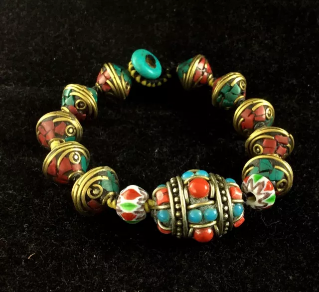 Ancient Tibet Bracelet Bead Vintage Multi Turquoise Handmade Beads Bangle z1