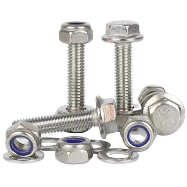 Flanged Hex Head Bolts M5 M6 M8 M10 With Nyloc Nuts & Washers A2 Stainless Steel