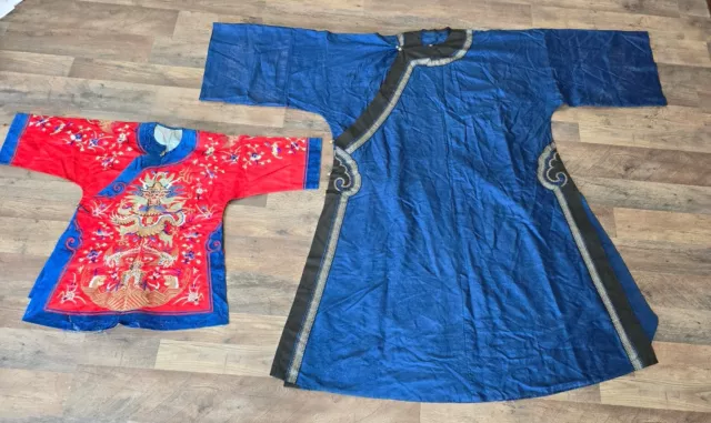 Set Of Two Chinese Antique Chinese Silk Dragon Robes Qing Period