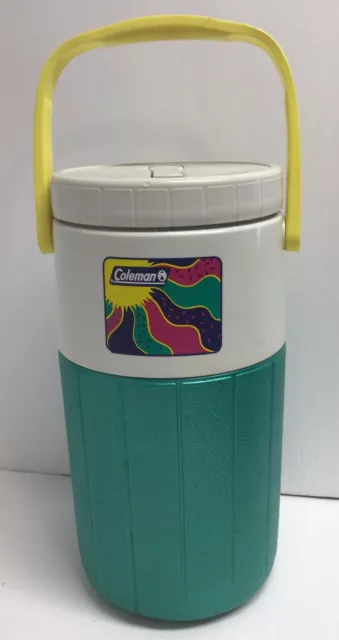 Vintage 90s Retro Coleman Water Drink Cooler Jug Neon Teal green Yellow 5590 HTF