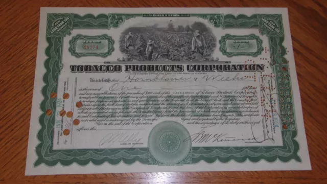 Tobacco Products Corp Stock Certificate Issued 1920's Green