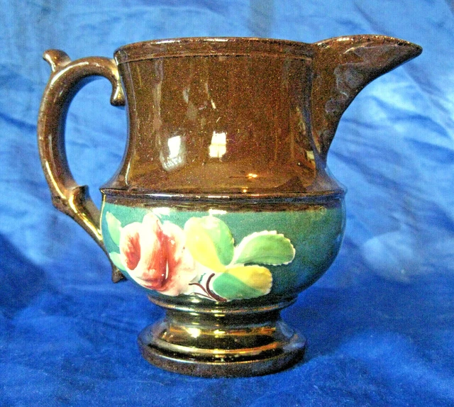19th Cent. Staffordshire Copper Lusterware Pitcher Painted Rose Decoration 4"