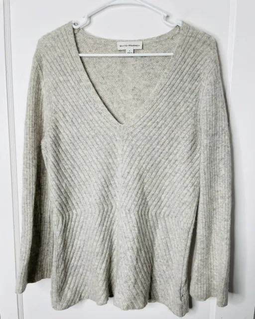White Warren Cashmere Sweater Large Womens Ribbed Knit Soft Stretch Quiet Luxury