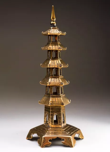 Polished Chinese Cast Brass Pagoda 9" Tall Tower Decorative Fine Casting