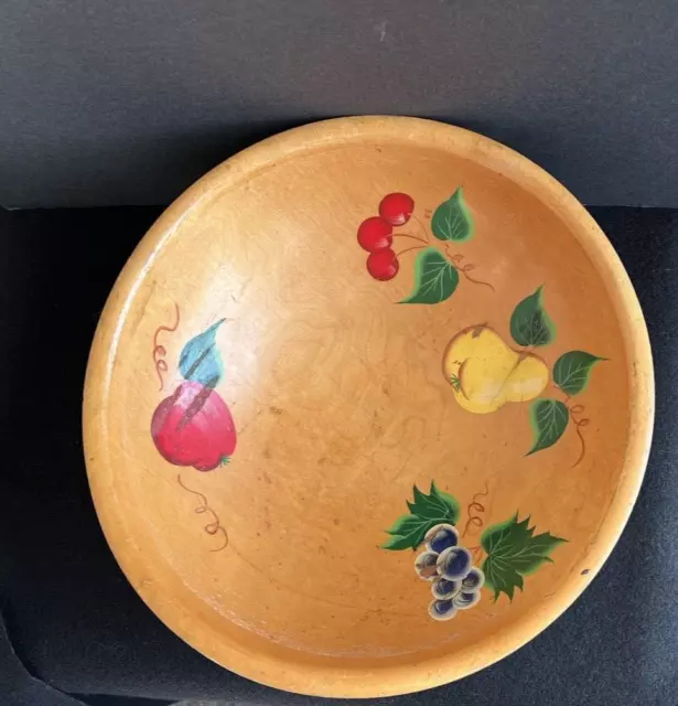 Vintage Munising Maple Wood Footed Large Bowl Hand Painted Fruit 13.5 x 4"