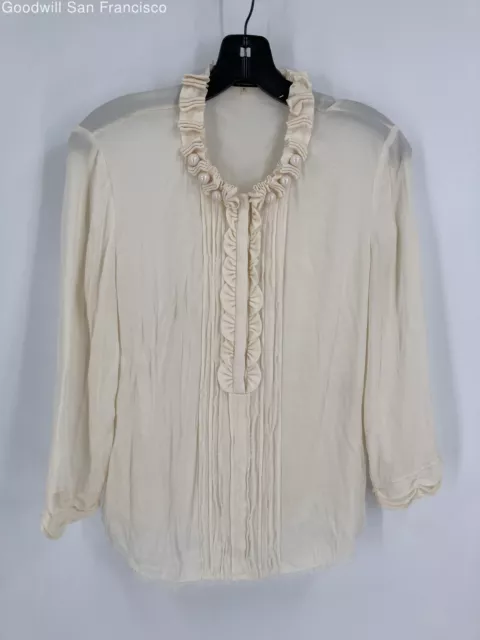 Elie Tahari Womens Ivory Silk Blend Ruffle 3/4 Sleeve Blouse Top Size Medium