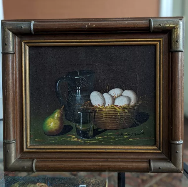 Framed De Mazia Signed Vtg Canvas Oil Painting Still Life Egg Fruit Food Mid Cen