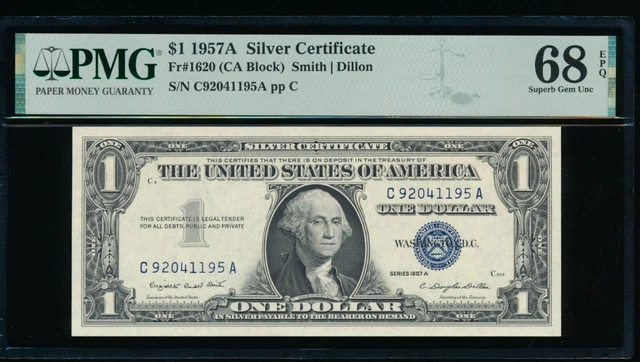 AC 1957A $1 Silver Certificate PMG 68 EPQ C-A block Fr 1620 .. Superb Gem!