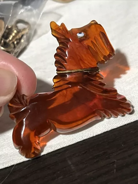 Vtg Bakelite Carved Fx Tortoiseshell Root Beer Scottie Dog Terrier Brooch Pin