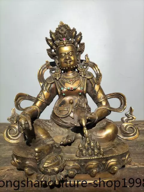 12'' Tibetan Buddhism temple bronze gem Yellow Jambhala God Wealth Buddha statue